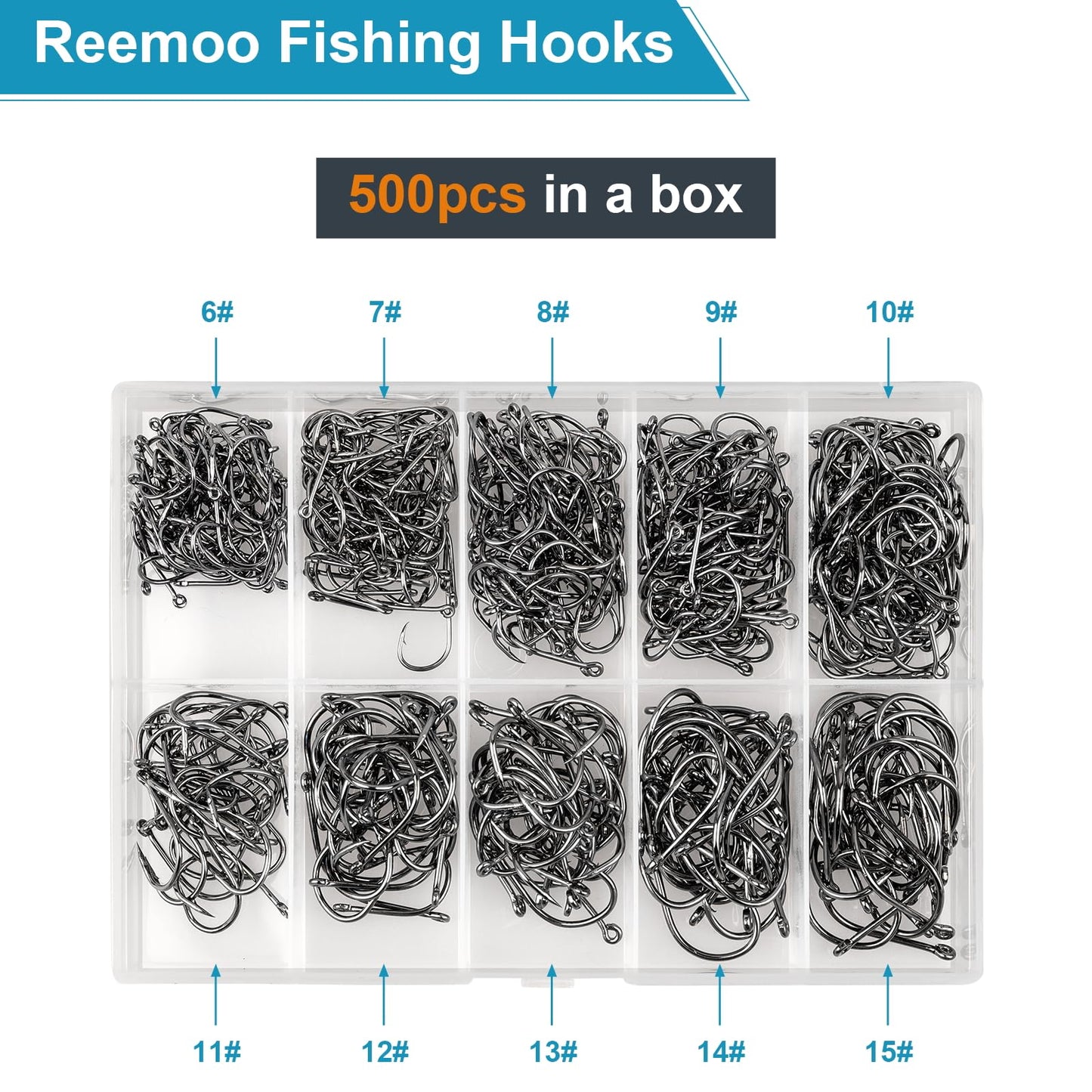 500PCS/100PCS ReeMoo Premium Fishing Hooks, 10 Sizes/4 Sizes Carbon Steel Fishing Hooks W/Portable Plastic Box, Strong Sharp Fish Hook with Barbs for Freshwater/Seawater