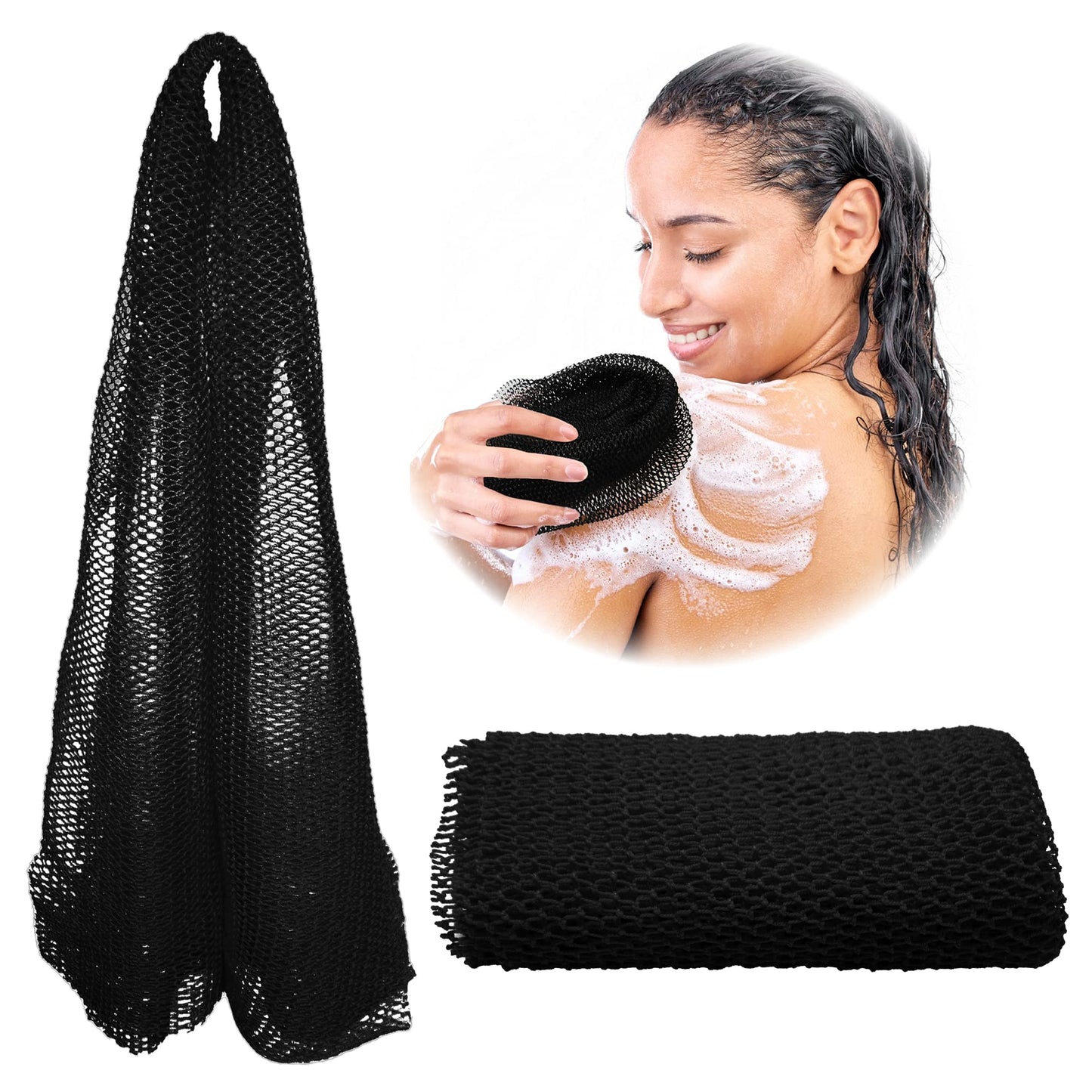 Adeton African Net Sponge, Authentic, Real, Black Owned, Exfoliating Bath Wash Cloth, Long Sponge, Body Exfoliator, Sapo, Shower Bath Accessories, Back Foot Scalp Scrub, Flat Dead Skin Remover (Black)