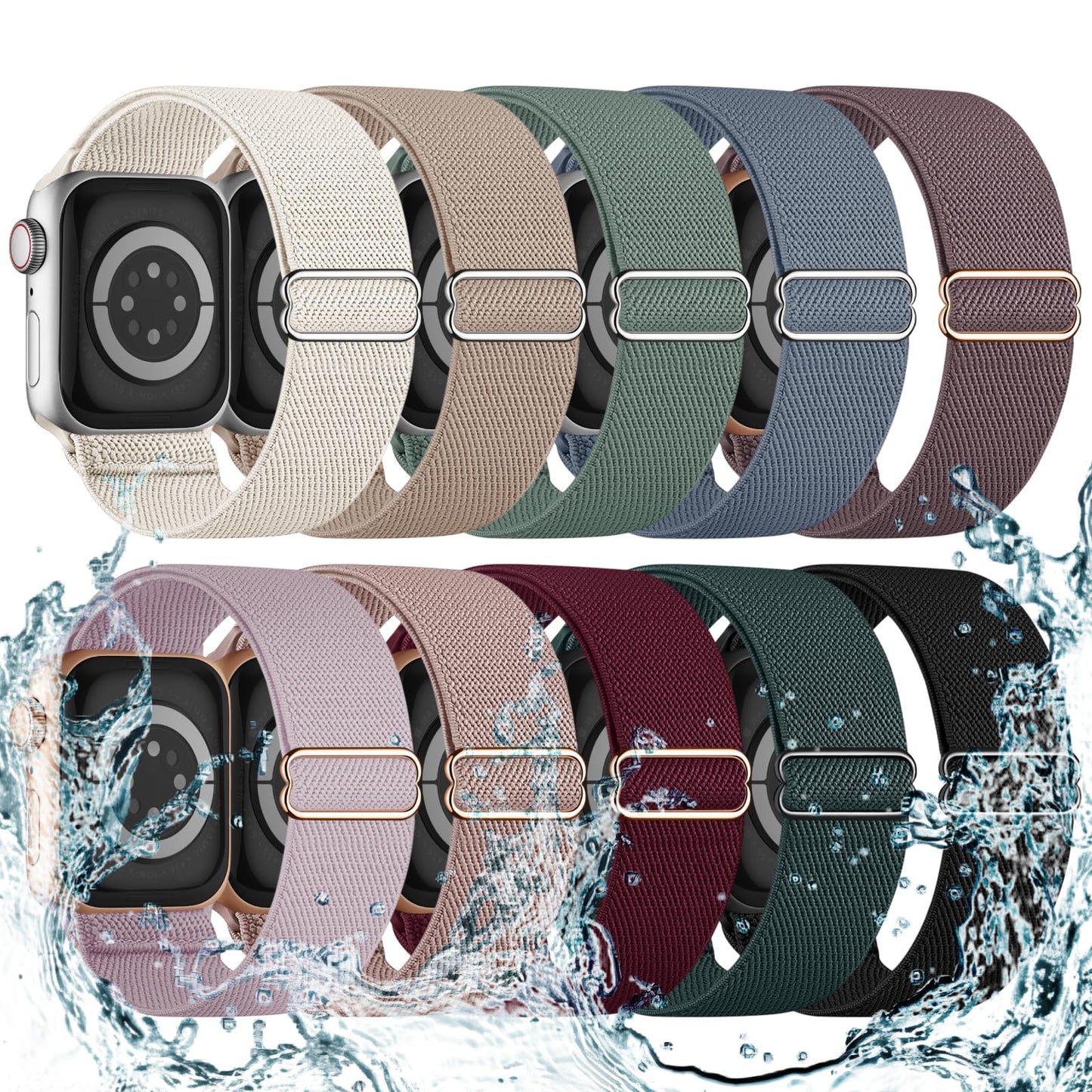 Lot de 10 bracelets extensibles compatibles avec Apple Watch 40 mm, 38 mm, 41 mm, 42 mm, 44 mm, 45 mm, 46 mm, 49 mm, pour femmes et hommes, résistants à l'eau, sangles de sport élastiques à boucle unique pour iWatch Series 10 9 8 7 6 5 4 3 SE Ultra