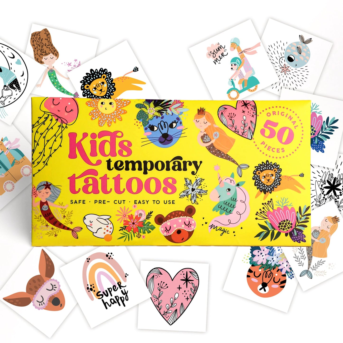 Kids Temporary Tattoos - Fairytale Style Tattoos for Kids, Hypoallergenic, Pre-Cut, 50 Pcs Original Kid Tattoos, Designs - Gift Tattoos for Boys and Girls - Made in Europe