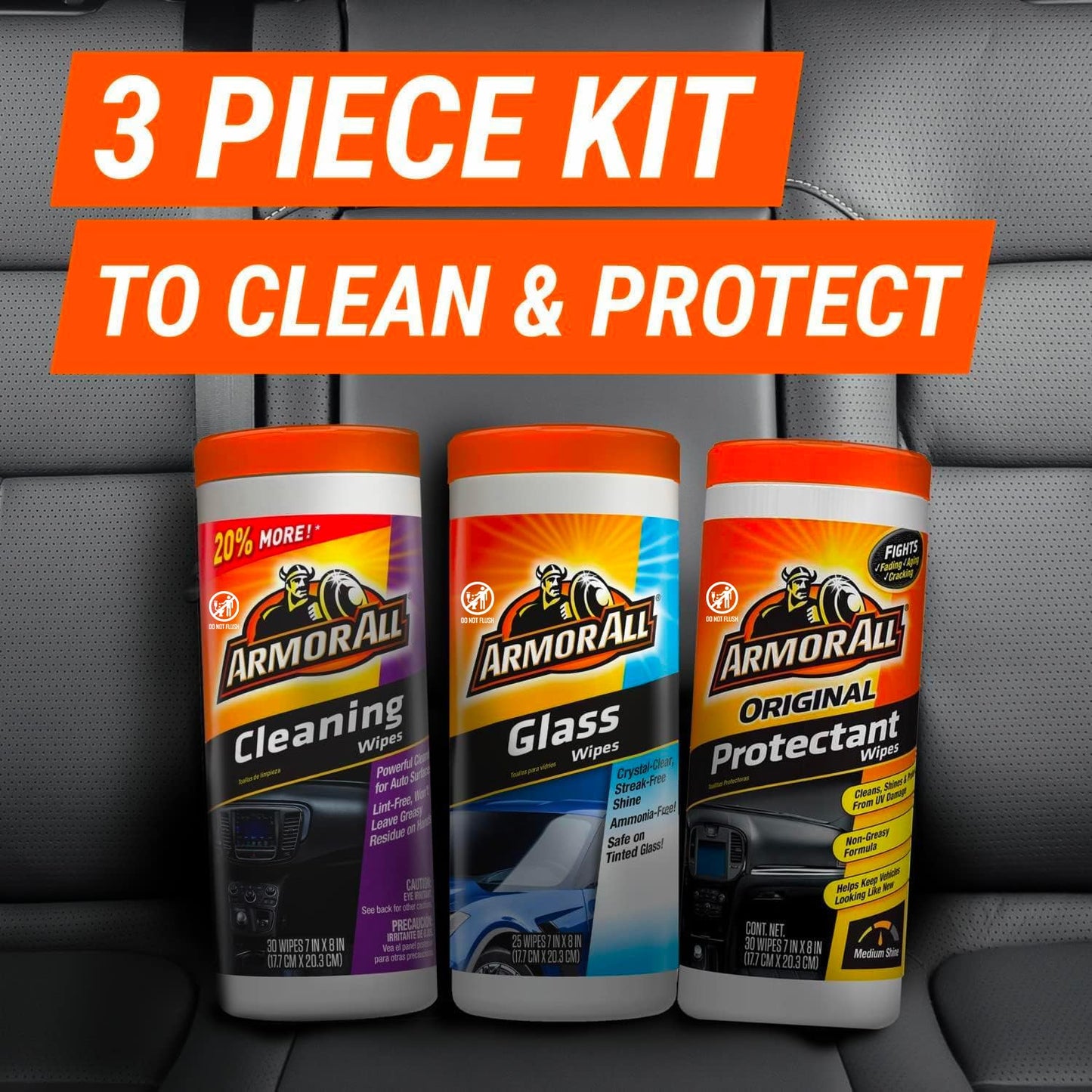 Armor All Protectant, Glass and Cleaning Wipes, Wipes for Car Interior and Car Exterior, 30 Count Each (Pack of 3)