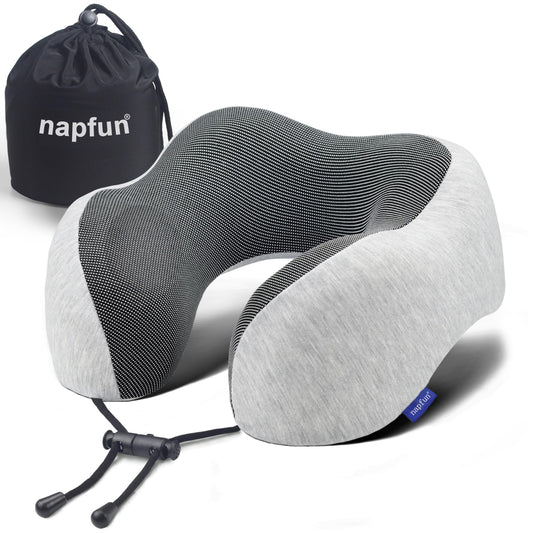 Almohada para el cuello de napfun para viajar, almohada para el cuello de viaje mejorada para avión, almohada de viaje de espuma viscoelástica 100 % pura para dormir en el reposacabezas del vuelo, accesorios portátiles para aviones, gris claro