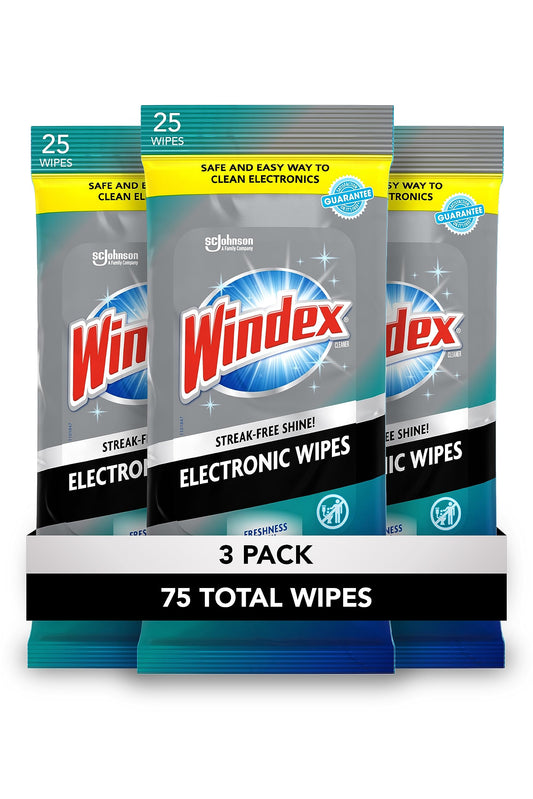 Windex Electronic Cleaning Wipes, Pre-Moistened Screen Wipes for TVs, Phones, and Other Electronics, Resalable for a Freshness Lock, 25 Count (Pack of 3)