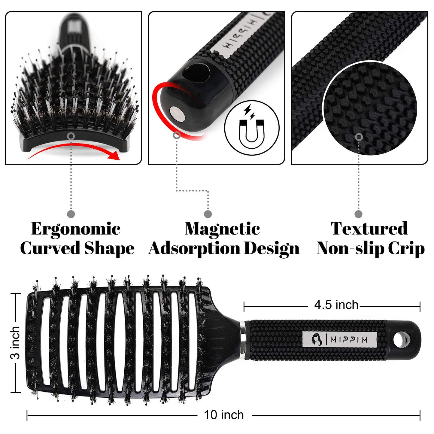 Boar Hair Brushes 2 Pack, Suitable for Men, Women & Kids’ Long Curly Wet or Dry Hair, HIPPIH Hairbrush for Thick Hair Can Adds Shine and Makes Hair Smooth