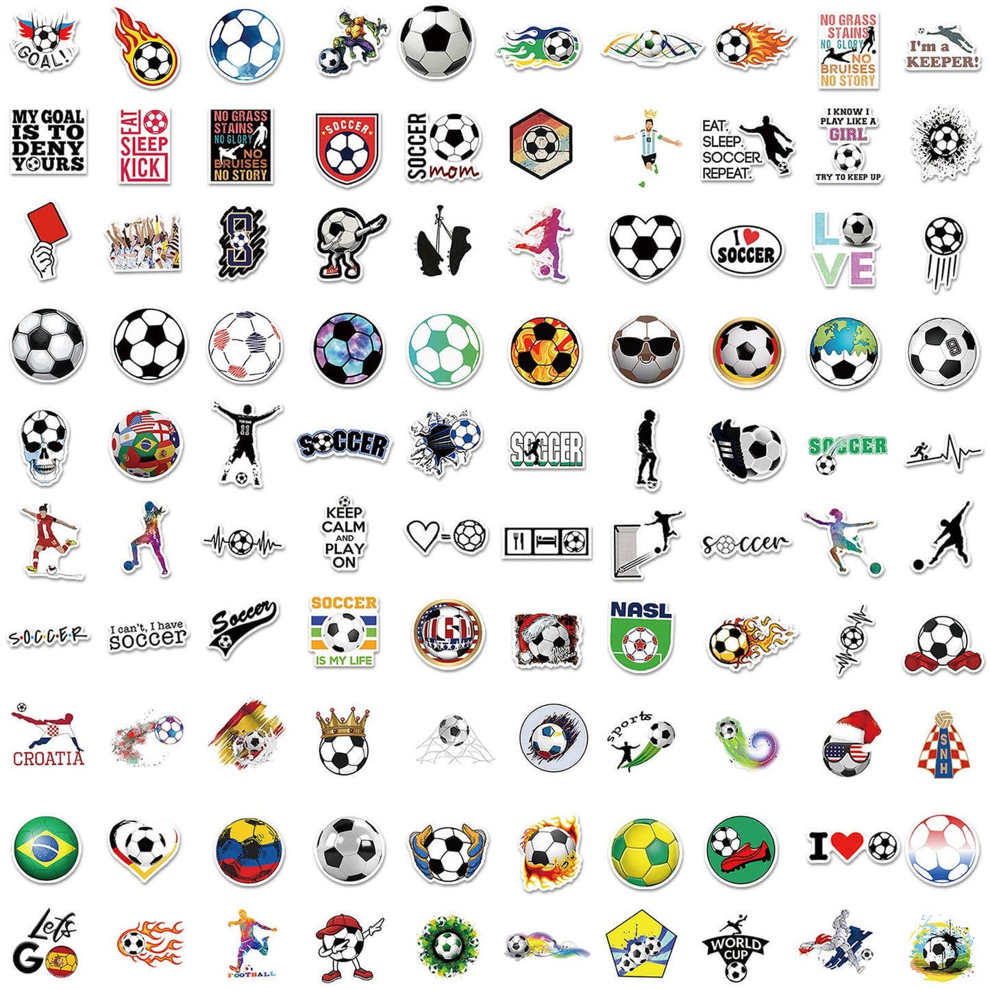 Lot de 100 autocollants de football pour scrapbooking, autocollants de motivation en vinyle imperméables pour bouteilles d'eau, bagages, incitations à l'enseignement, cadeaux d'équipe de football pour enfants, adolescents et adultes