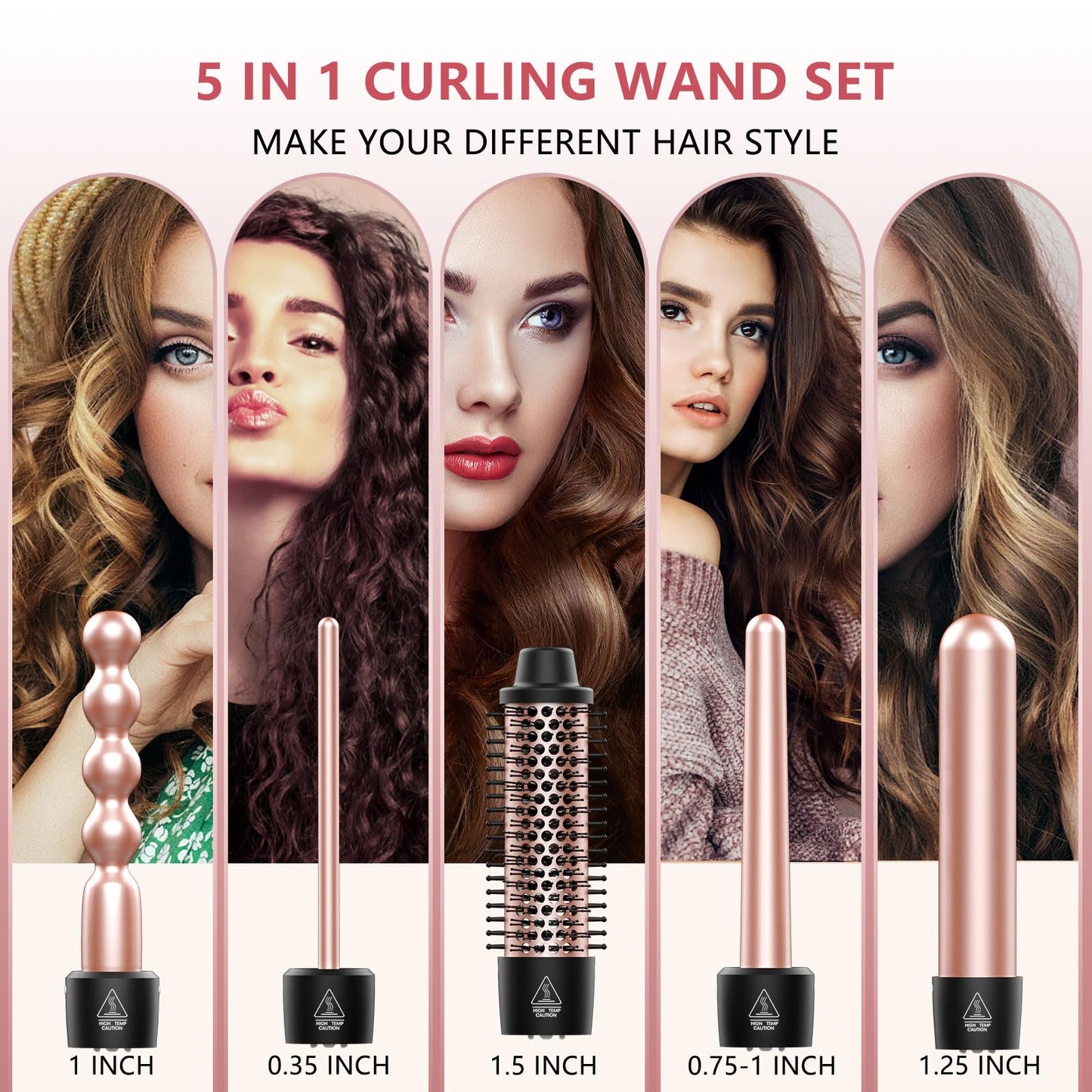 Curling Iron Set, O'bella 5 in 1 Curling Wand Set with Thermal Brush&4 Interchangeable Ceramic Curling Wand(0.35”-1.25”), 2 Temps Instantly Heating Hair Wand Curler