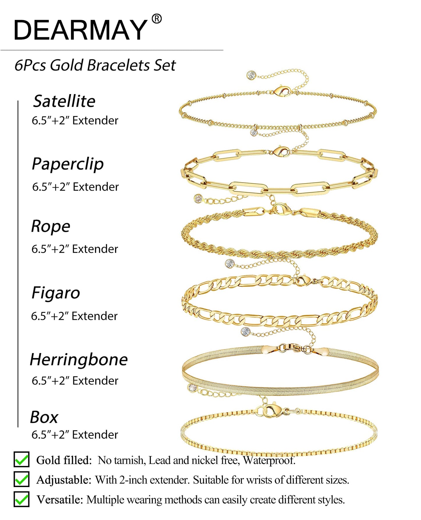 DEARMAY Gold Bracelets for Women 14K Real Gold Plated Jewelry Sets Stack Trendy Dainty Stackable Paperclip Rope Snake Box Figaro Chain Bracelets Pack Costume Fashion Filled Gifts for Womens