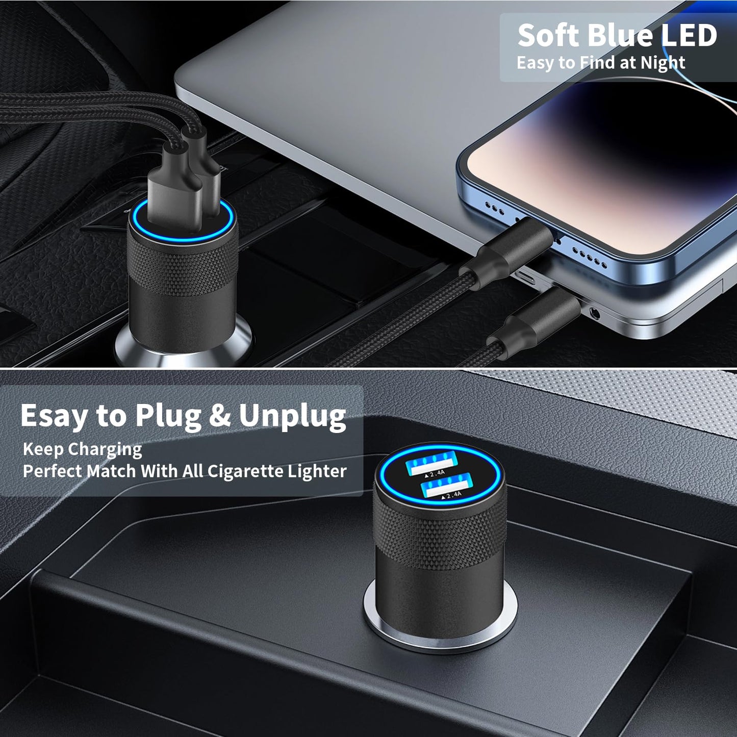 【Certifié MFi】Chargeur de voiture rapide pour iPhone, Rombica 4,8 A double USB Smart Power Chargeur de voiture USB pour allume-cigare + 2 câbles tressés Lightning vers USB pour iPhone 14 13 12 11 Pro/XS Max/Mini/XR/SE/X/8/iPad