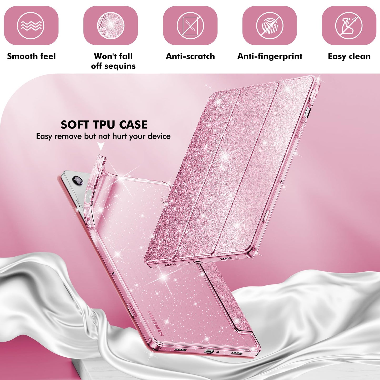 INFILAND Case for Galaxy Tab A9 Plus 5G, Glitter Cover with Sparkly Clear Back for Samsung Galaxy Tablet A9+/A9 Plus 11 Inch 2023 Model (SM-X210/X216/X218)[Auto Wake/Sleep] for Girls Kids Pink