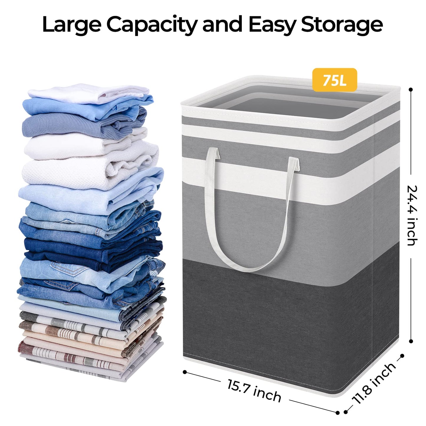 HomeHacks 2-Pack Large Laundry Basket, Waterproof, Freestanding Laundry Hamper, Collapsible Tall Clothes Hamper with Extended Handles for Clothes Toys in the Dorm and Family-(Gradient Grey, 75L)