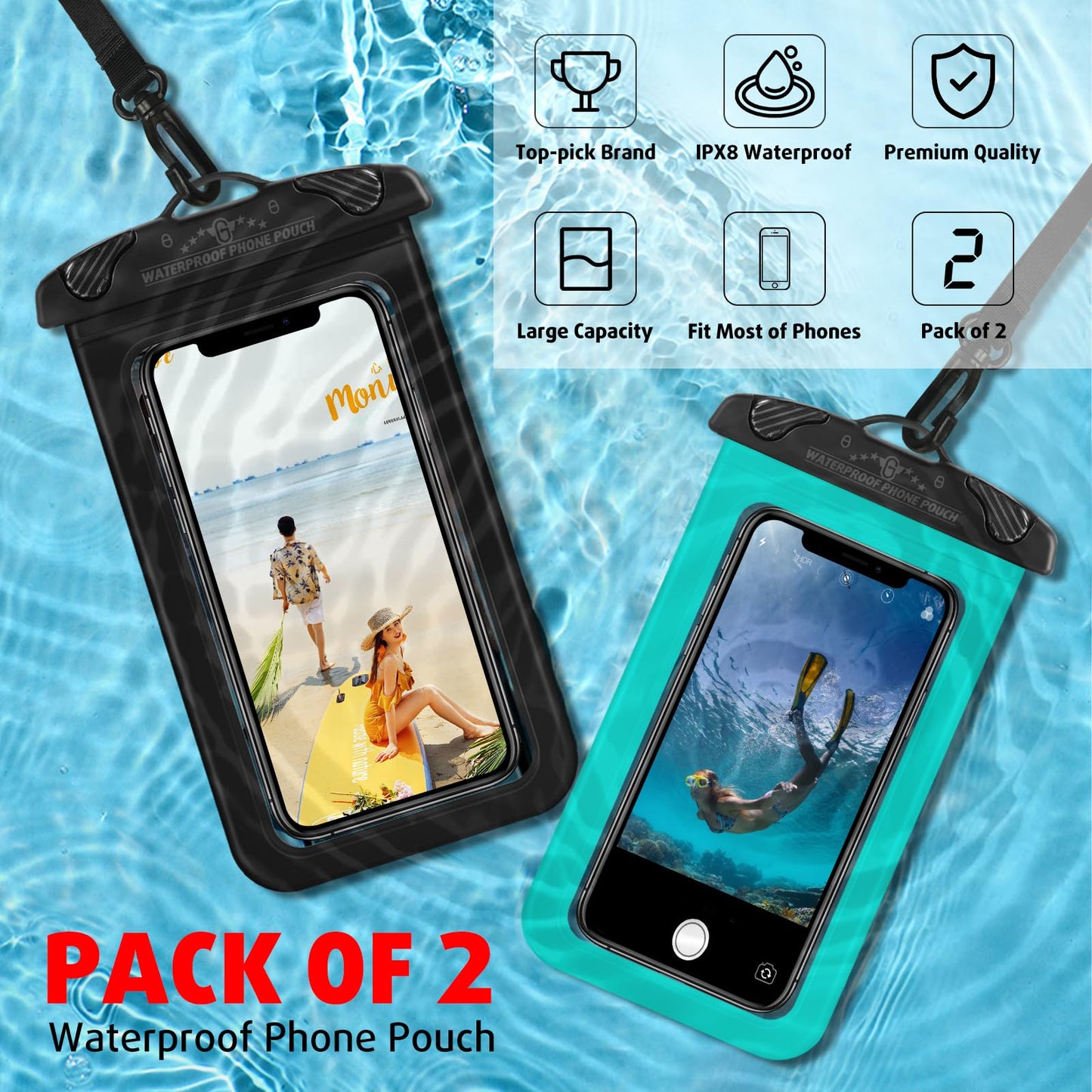 2 Pack Waterproof Phone Pouch, Waterproof Phone case with Lanyard Cell Phone Dry Bag for iPhone 16 15 14 13 12 Pro Max, Galaxy S24 S23 Ultra- Beach Cruise Ship Essentials