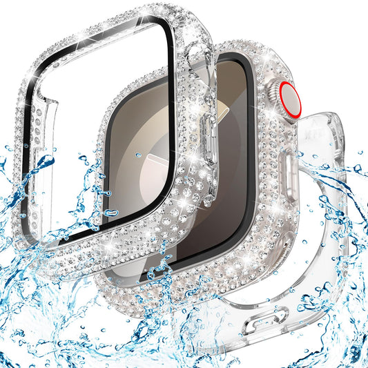 Goton 2-in-1 Waterproof Bling Case Compatible for Apple Watch Screen Protector 40mm 41mm 42mm 44mm 45mm 46mm Ultra 49mm Series 10 9 8 7 6 5 4 SE 2, iWatch Glitter Rhinestone Face Cover Accessories