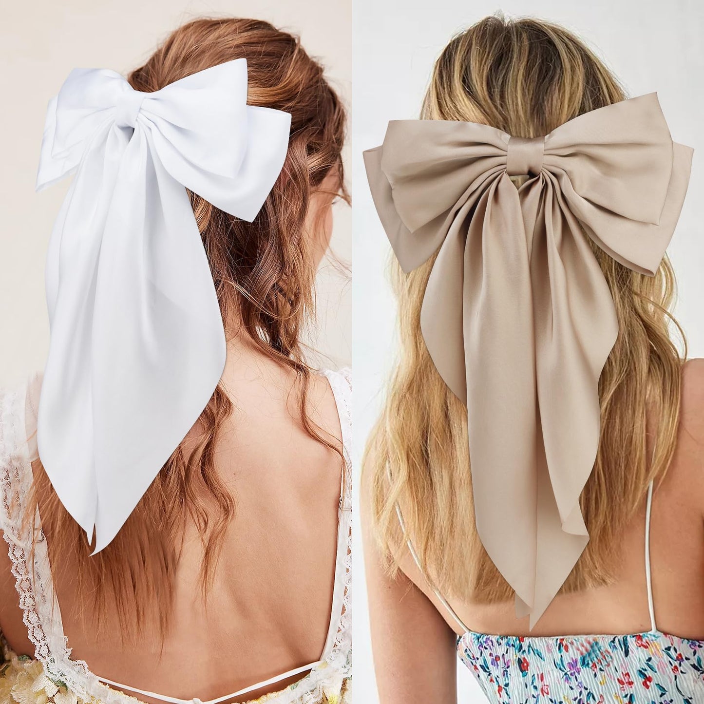 Velscrun 3Pcs Women's Hair Accessories Gifts: White, Black, and Khaki Oversized Satin Hair Bows with Long Tails, Barrettes, and Clips for Girls