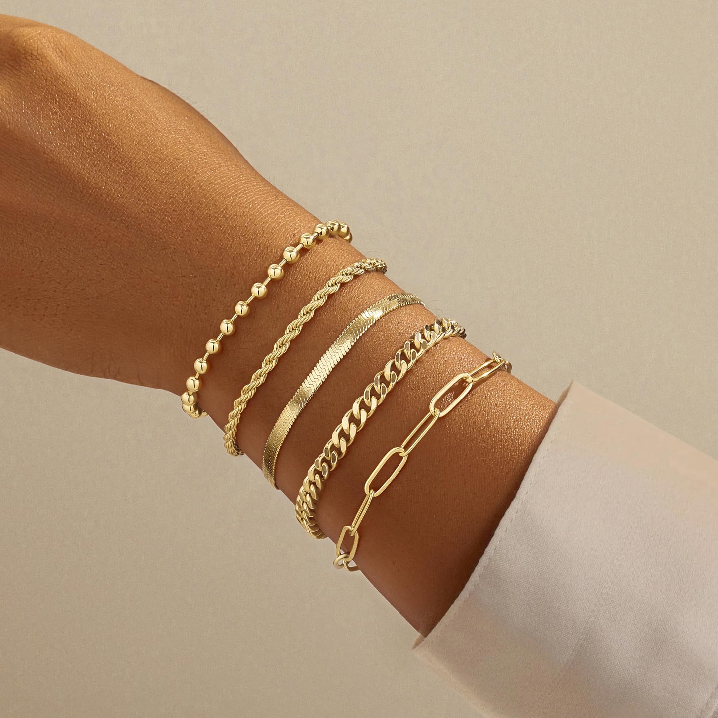 Poxtex Gold Bracelets for Women, 14K Gold Dainty Jewelry Sets for Women Trendy, Gold Stackable Waterproof Bracelets Inclued Beaded, Cuban, Paperclip, Herringbone, Rope, Fashion Jewelry Gifts for Women Christmas