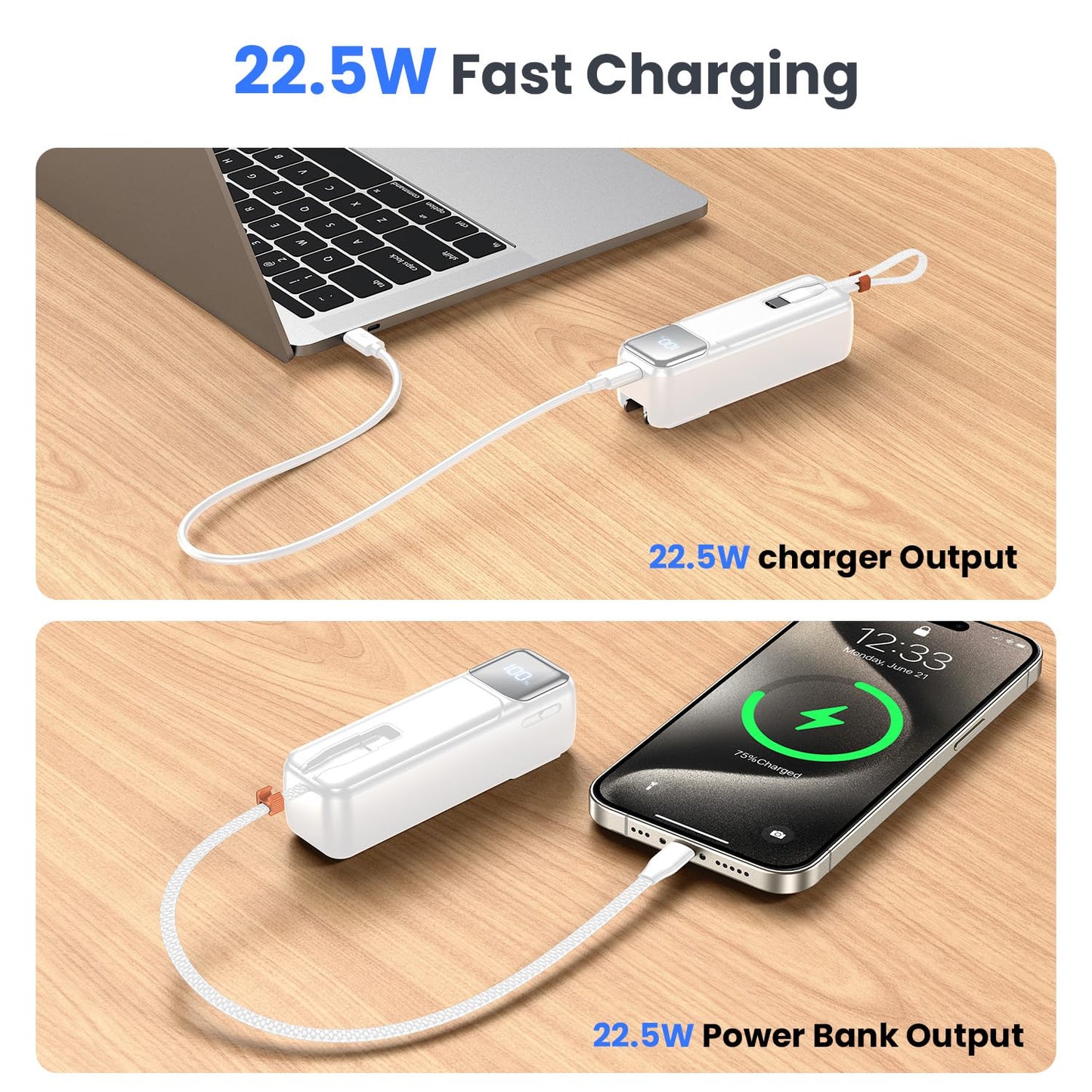 Small Portable Charger with Foldable Wall Plug 5000mAh,22.5W Fast Charging Power Bank Built in USB-C Cable,Mini External Battery Pack with LED Display for iPhone 15 Series,Galaxy,MacBook and More