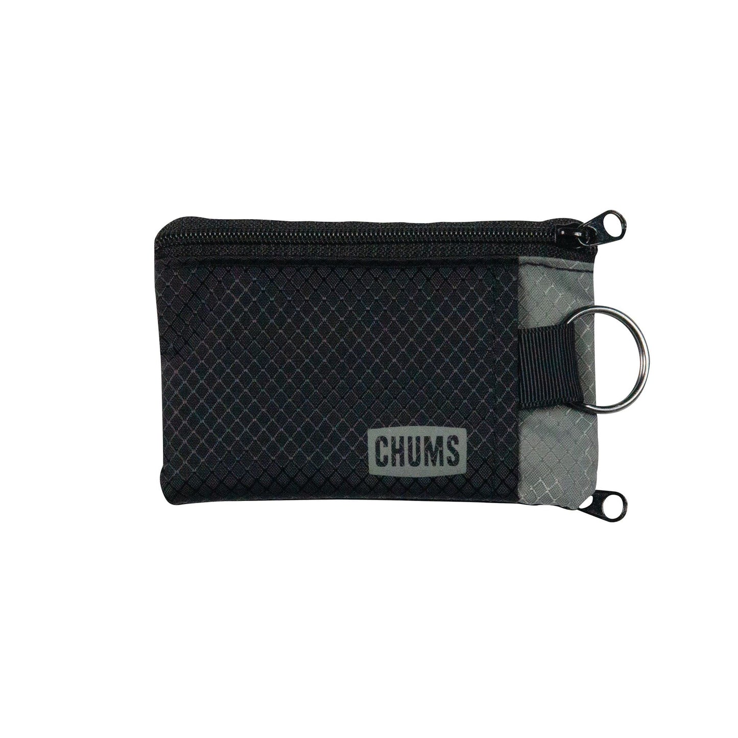 Chums Surfshorts Wallet - Lightweight Slim Wallet with RFID Blocking Card & Clear ID Window - Zippered, Water Resistant w/ Key Ring (Black/Gray)