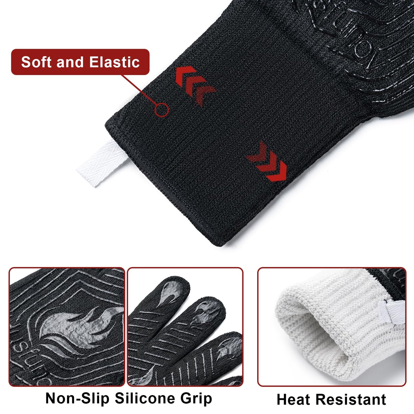 Husfunov BBQ Gloves, Heat Resistant Grilling Gloves, Non-Slip Oven Gloves, Grill Mitts for Outdoor Grill, Long Kitchen Gloves for Barbecue, Cooking, Baking, Smoker, 1 Pair (Black)