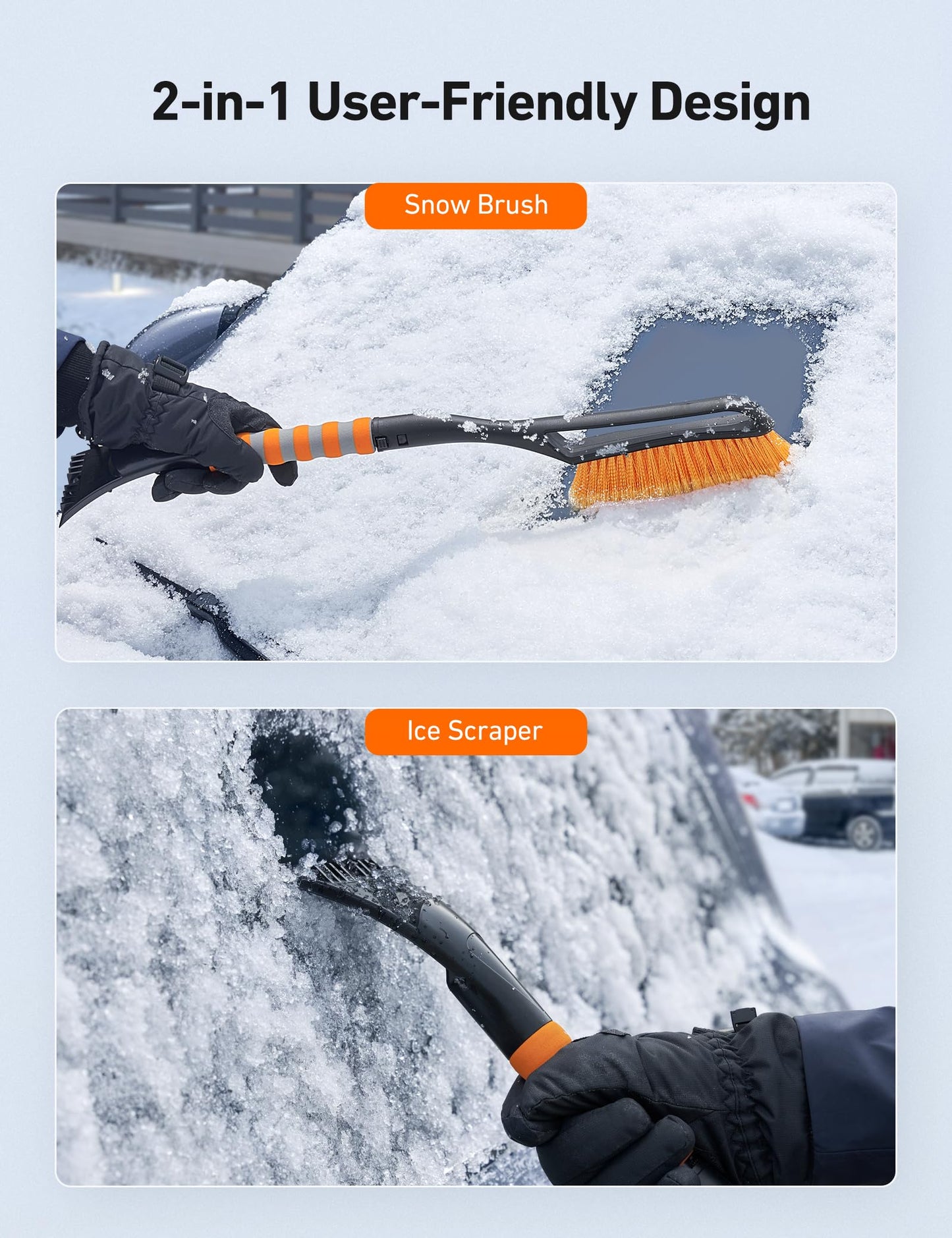 AstroAI 27" Snow Brush and Ice Scrapers for Car Windshield, Detachable Snow Scrapers with Ergonomic Foam Grip for Cars, Trucks, SUVs (Heavy Duty ABS, PVC Brush, Orange)