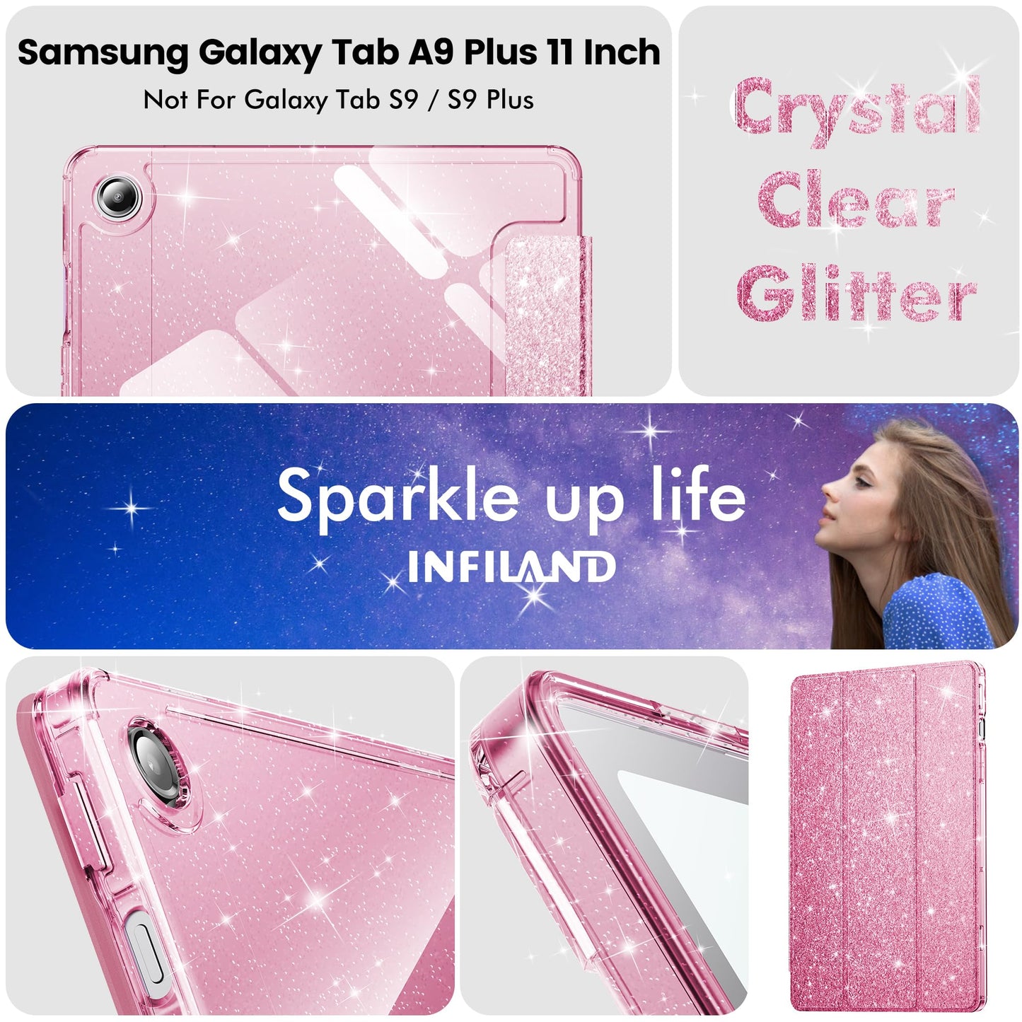 INFILAND Case for Galaxy Tab A9 Plus 5G, Glitter Cover with Sparkly Clear Back for Samsung Galaxy Tablet A9+/A9 Plus 11 Inch 2023 Model (SM-X210/X216/X218)[Auto Wake/Sleep] for Girls Kids Pink