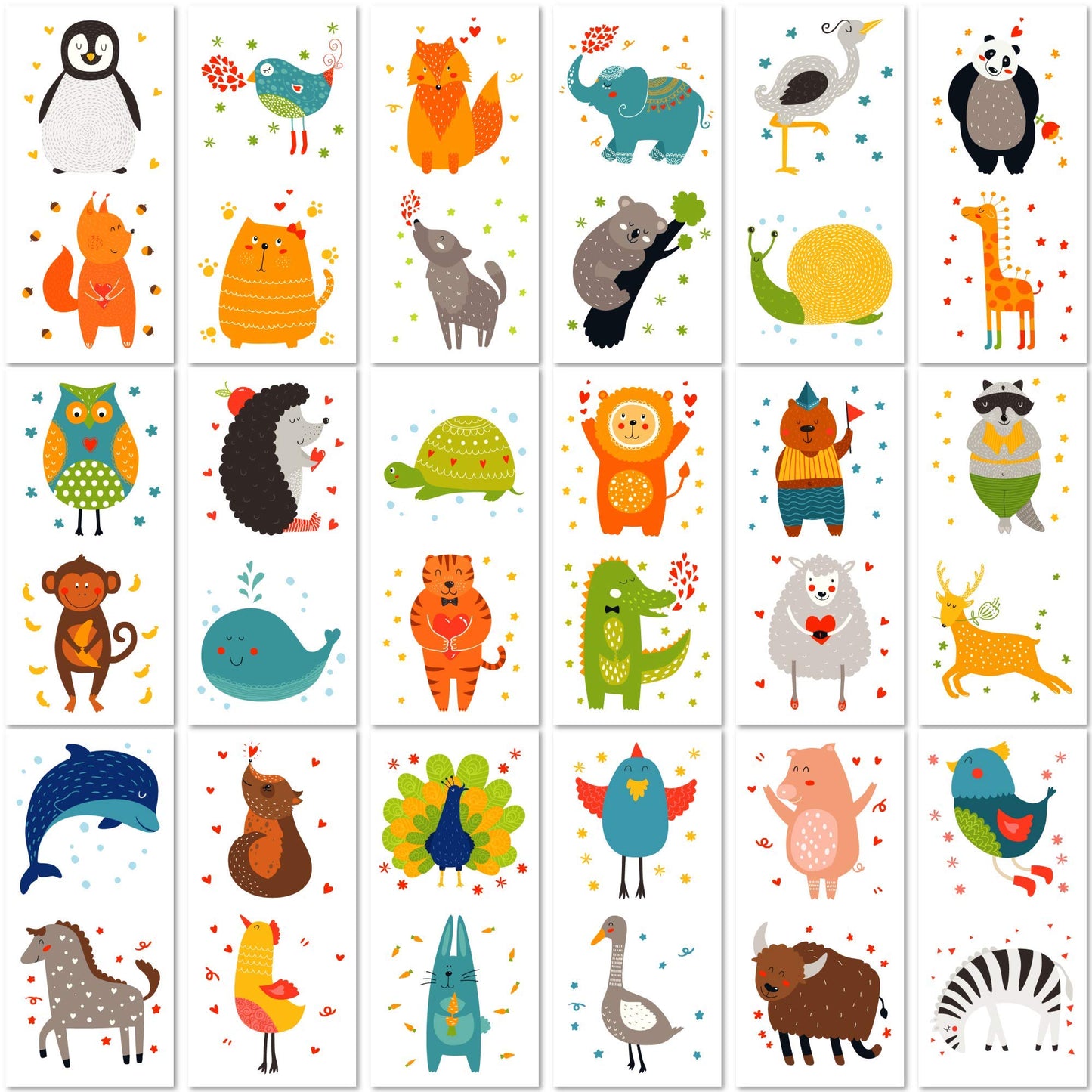 PapaKit Cute Zoo Animals 36 Temporary Fake Tattoo Set, 18 Individually Wrapped Sheets | Kids Girls & Boys Birthday Party Favor Gift Supply