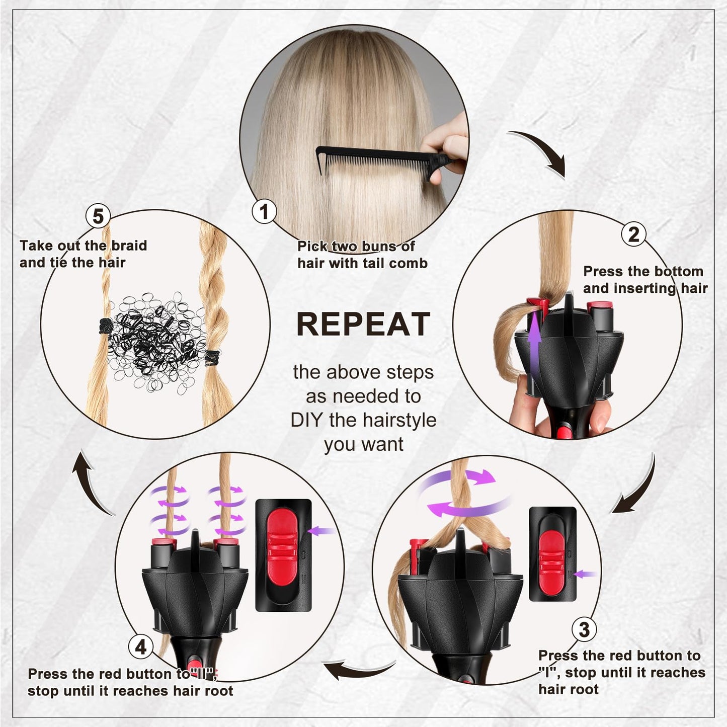 7 Pieces Automatic Braider Set - Electronic Braid Maker, Hair Twister with Comb and Clips for Styling (Black)