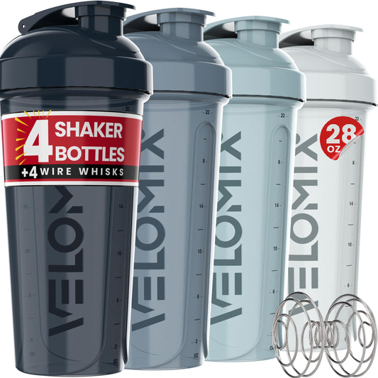 VELOMIX - 4 PACK - 28 oz Shaker Cups pour shakes protéinés - 4x Fouet métallique | Bouteilles de shaker protéinées anti-fuites pour mélanges de protéines | Pack de bouteilles de shaker protéiné | Mélangeur pour shakes protéinés (Aqua Depths)