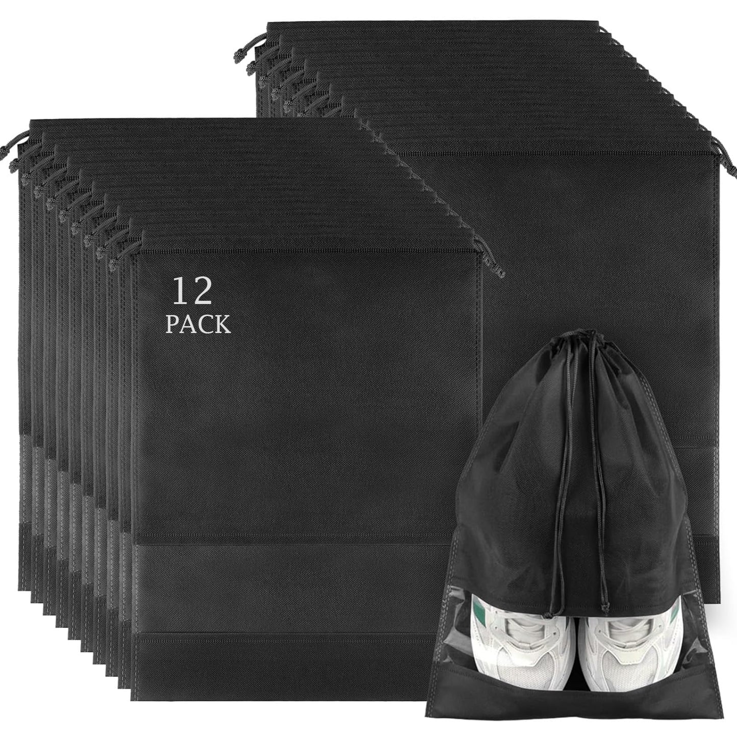 12 Pack Shoe Bags for Travel, Large Travel Shoe Bags for Packing with Clear Window, Dustproof Drawstring Travel Shoe Storage Bags Travel Essentials for Men & Women, Black