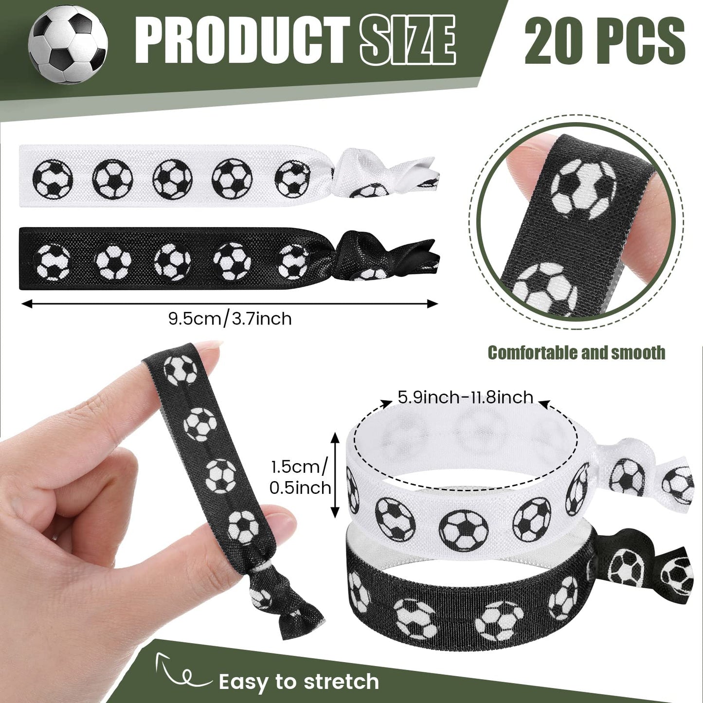 Hanaive - 20 lazos elásticos para el pelo con forma de fútbol, ​​cintas sin arrugas, accesorios de fiesta para niñas, mujeres y miembros del equipo (blanco y negro)