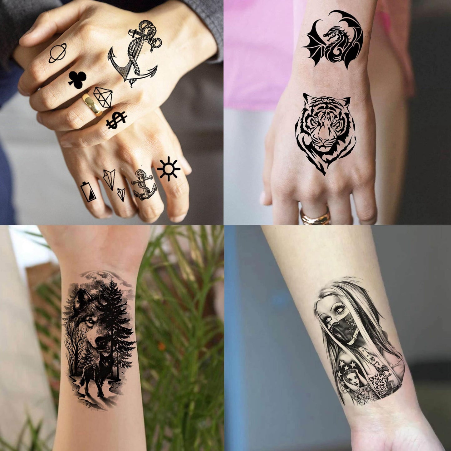 60 Sheets 3D Cool Lion Tiger Temporary Tattoos For Men Women Arm Finger Hands, Small Scary Devil Skull Skeleton Fake Tattoos For Adult Teens Halloween, Black Wolf Dragon Realistic Tatoo Sticker