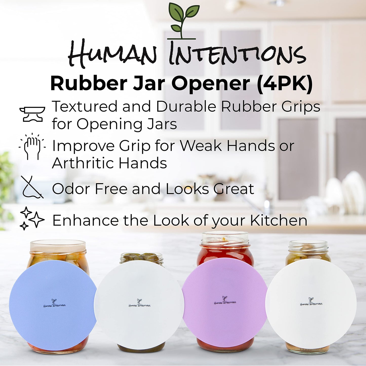 Human Intentions Jar Opener (4PK) - Rubber Jar Gripper for Weak Hands - Bottle Opener for Arthritic Hands - Jar/Lid Opener Gripper Pad - Non Tear - Coaster - Trivet