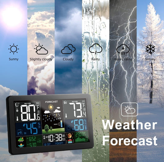 Station météo sans fil, thermomètre intérieur/extérieur avec 3 capteurs à distance et affichage couleur, horloge atomique, station de prévision de thermomètre météo avec heure de lever et de coucher du soleil et niveau de marée