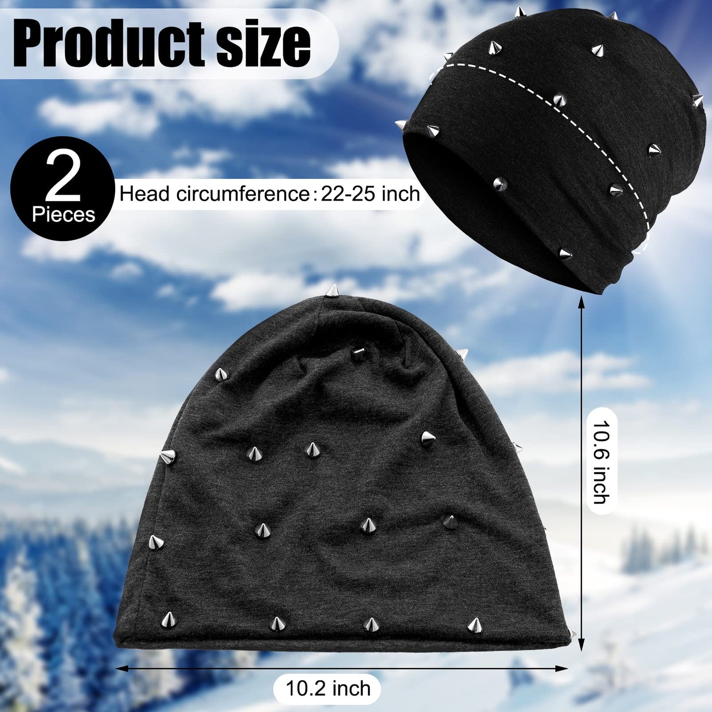 Winter Gothic Hat 2 Pieces Unisex Goth Beanie Rivet Rock Punk Hat Stud Spike Hats for Men Women, Black Gray (Rivet)