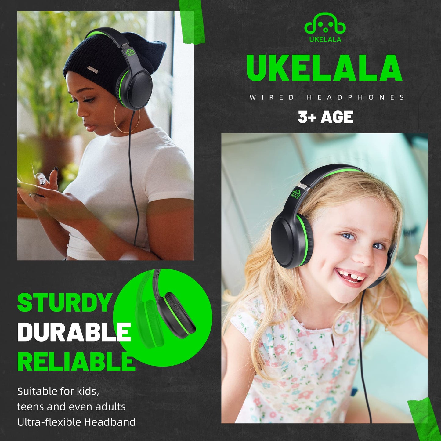 UKELALA Green Wired Headphones for Boys Portable On Ear Youth Headphones for School Airplane Travel Lightweight Portable Compatible with Pad Computer Laptop for Adults Student Children Girls Kids