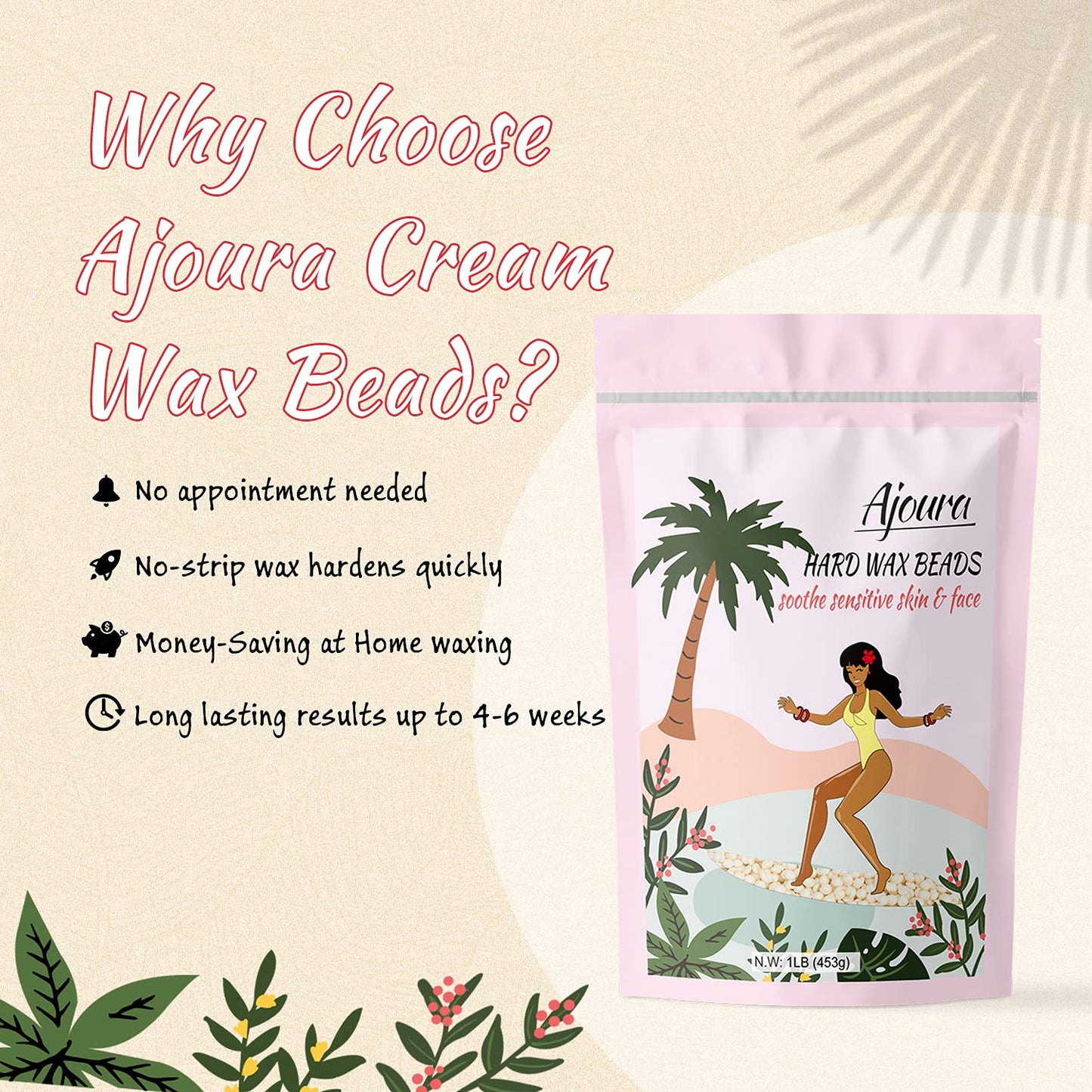 Ajoura 1lb Refill Wax Beans for Hair Removal Kit, Brazilian Coarse Waxing for Bikini, Face, Eyebrow, Back, Chest, Legs, Armpit, At Home Waxing Beads for Women Men