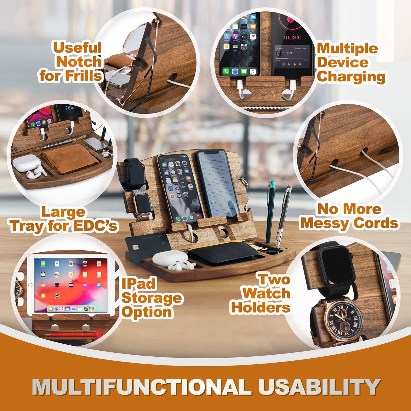 TESLYAR Gifts for Man Natural Walnut Wood Phone Docking Station Phone Key Holder Wallet Stand Watch Organizer Men Husband Wife Anniversary Dad Birthday Nightstand Purse Father Graduation