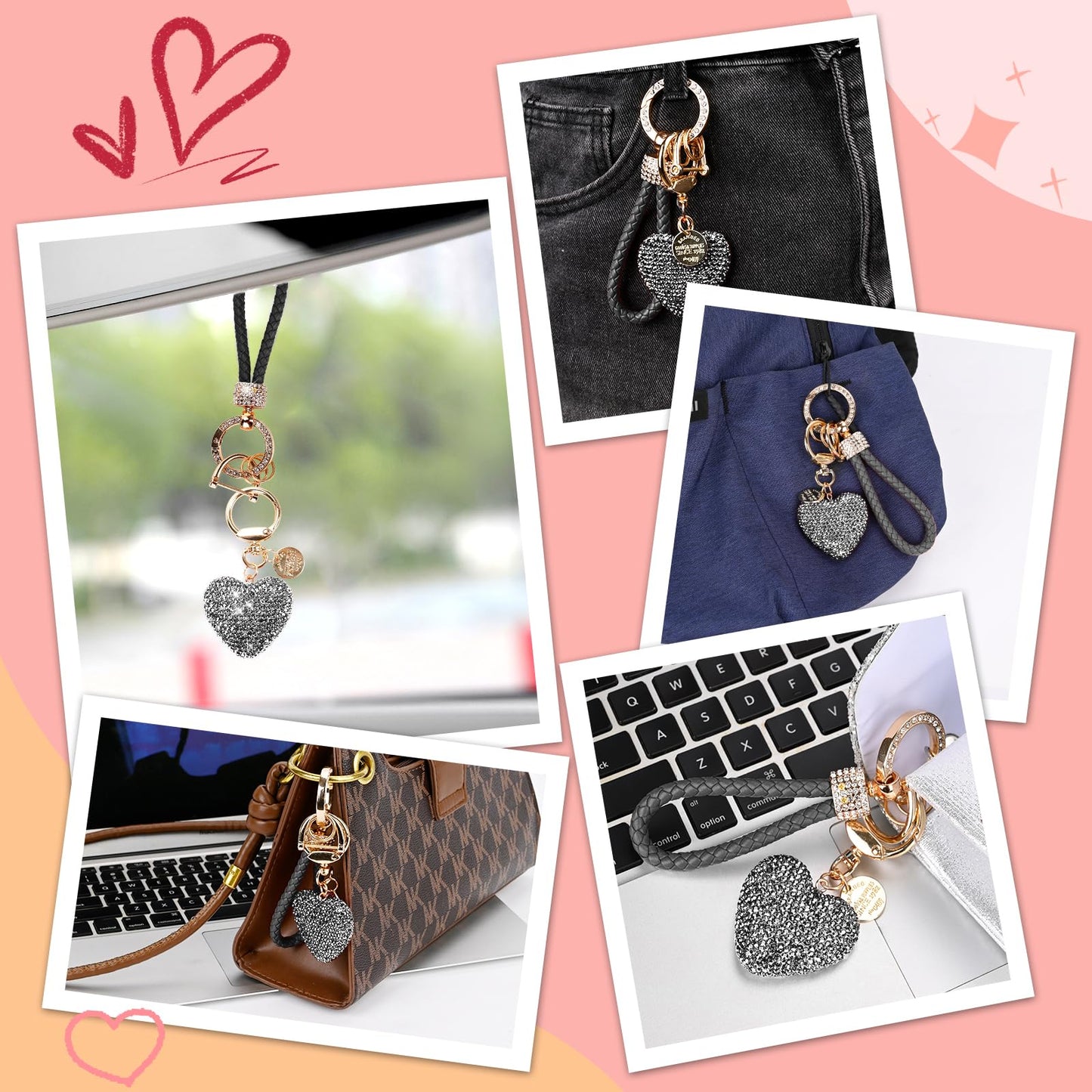 Porte-clés de voiture pour femme avec strass en forme de cœur Bling Girl Cute Keychain pour Noël, cadeau personnalisé (A-Noir)