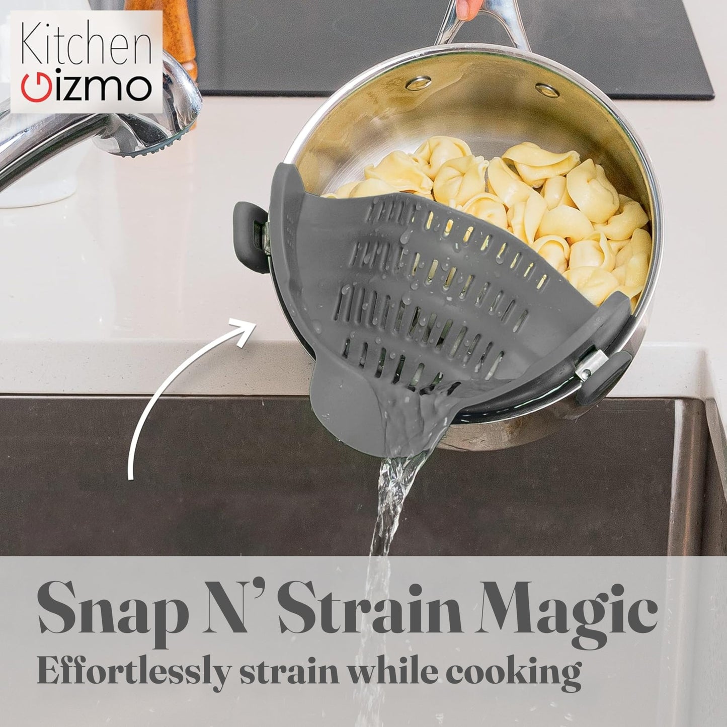 Kitchen Gizmo Snap N' Strain - Silicone Pasta Strainer Clip-On for Pots and Pans - Heat Resistant Colander for Vegetables and Noodles - Kitchen Gadgets for Cooking - Space-Saving Design - Grey