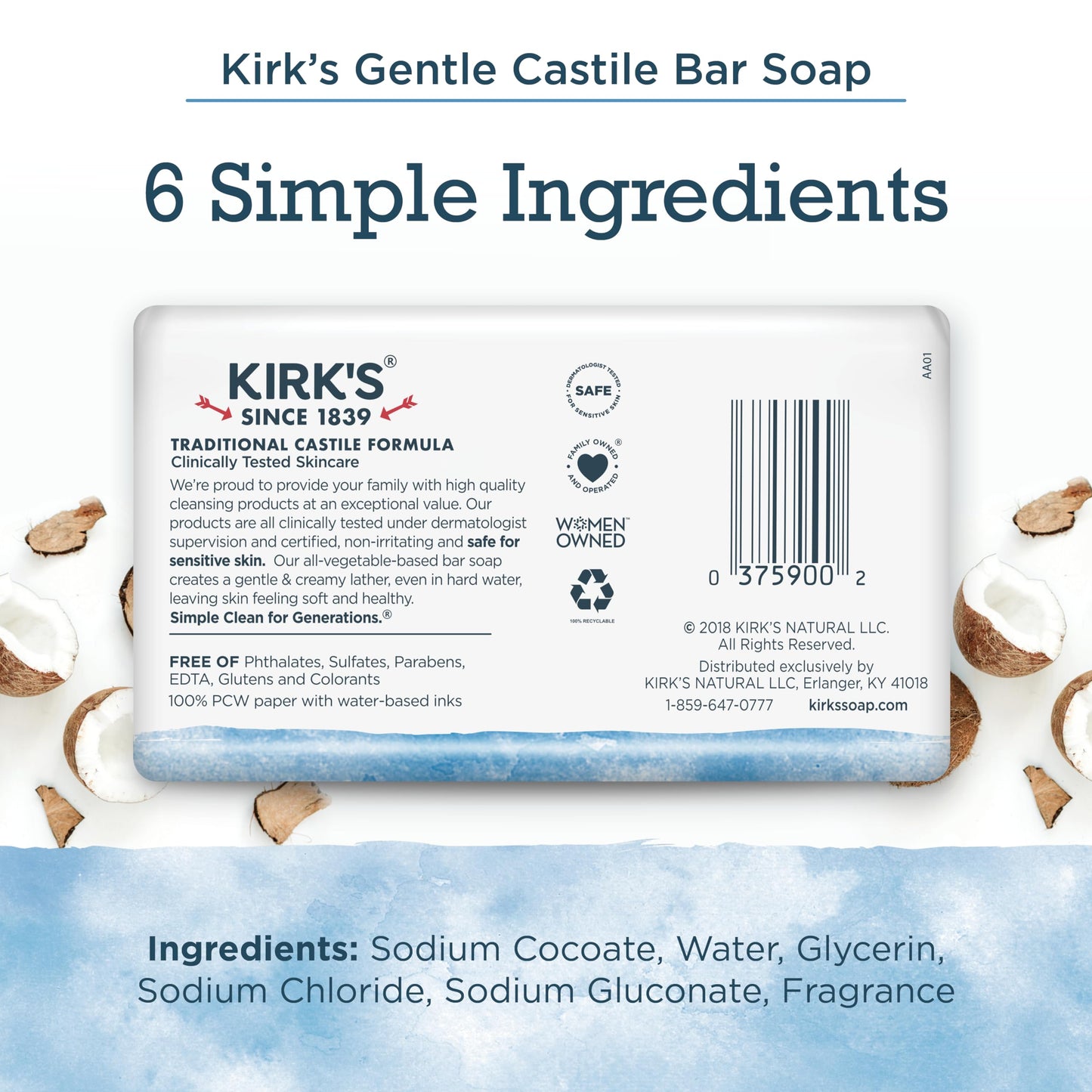 Kirk's Castile Bar Soap for Men, Women & Children - Made With Premium Coconut Oil, Sensitive Skin Formula, Vegan, Non GMO, Original Fresh Scent, 4 oz. Bars, 6 Pack