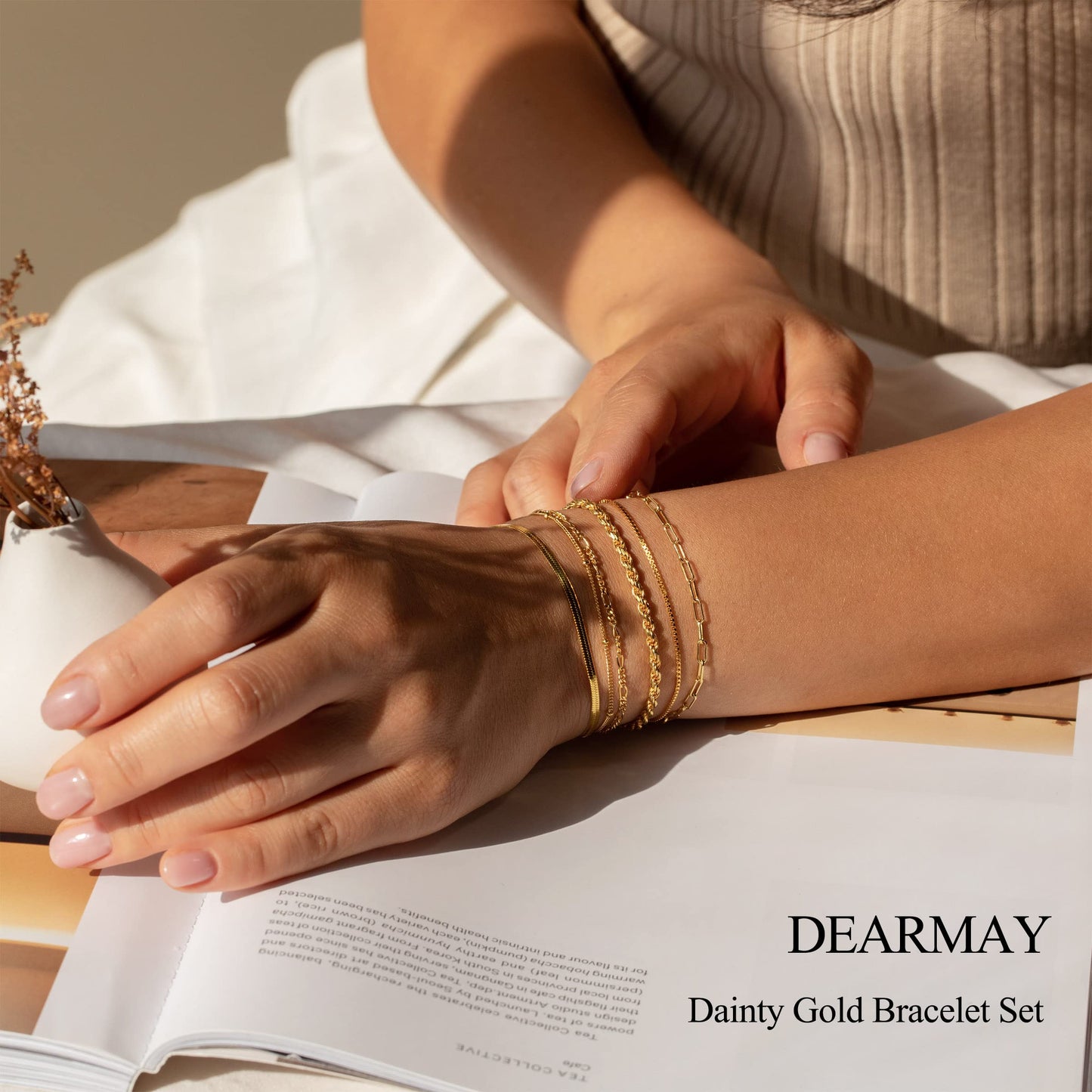 DEARMAY Gold Bracelets for Women 14K Real Gold Plated Jewelry Sets Stack Trendy Dainty Stackable Paperclip Rope Snake Box Figaro Chain Bracelets Pack Costume Fashion Filled Gifts for Womens