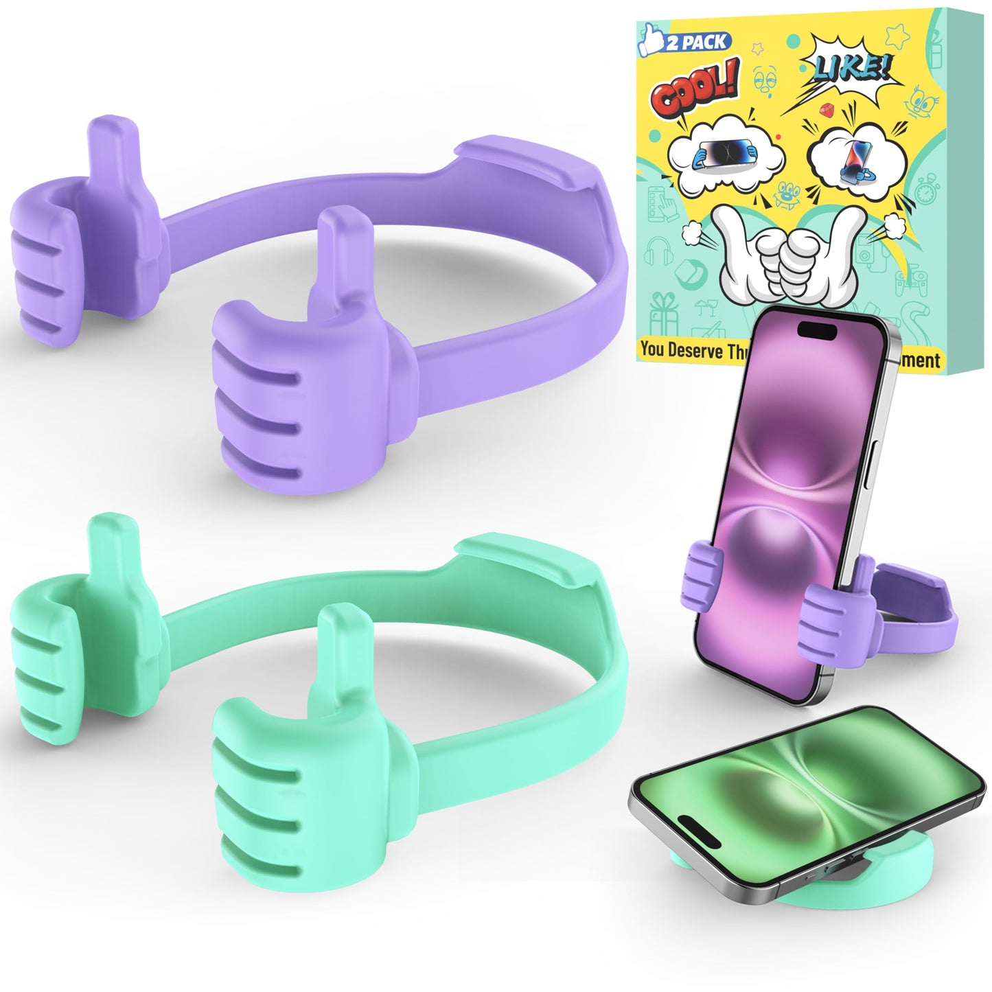 Stocking Stuffers for Teens Girls Boys: 2 Pack Thumbs Up Lazy Cell Phone Stand Hand Holder Funny Useful White Elephant Gifts for Adults Women Teen Girl Gifts Trendy Stuff Teenage Boys Girls Gift Ideas