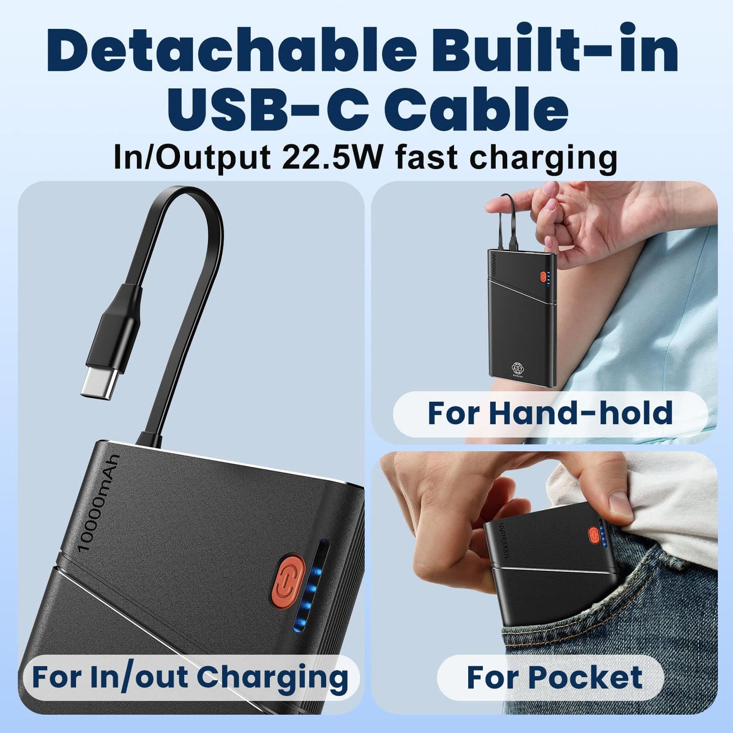 Aaoyun Portable Charger, 22.5W PD Fast Charging 10000mAh Power Bank with Detachable USB C Cable for Travel, Slim Hands-Free External Battery Pack for iPhone 16/15/14 iPad Samsung S24 etc, Black