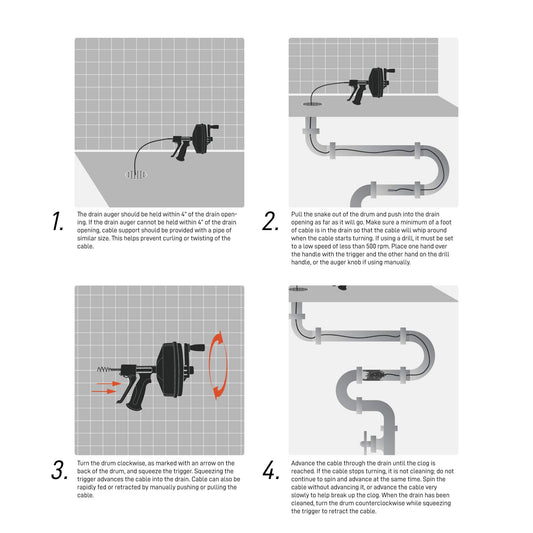 DrainX SPINFEED 25 Foot Drum Auger | Manual or Drill Powered Drain Snake - Auto Extend and Retract Snake | Work Gloves and Storage Bag Included