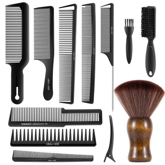 SALONSILK 12PCS Hair Cutting Comb Set - Professional Barber Combs for Hair Stylist - Premium Grade Barber Brush Neck Duster - Fading Comb Barber Clipper Comb