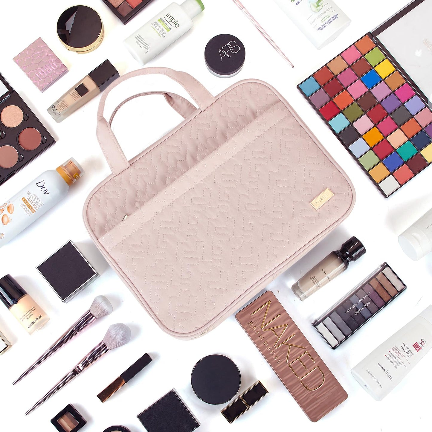 NISHEL Neceser de viaje para mujer, organizador portátil colgante para champú de tamaño completo, acondicionador, juego de brochas, accesorios de maquillaje, tamaño grande, color rosa