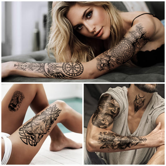 Viking Temporary Tattoos for Adults, 77 Sheets Viking Pirate Fake Tattoos for Men and Women, Black Large Tattoo Stickers for Body Makeup