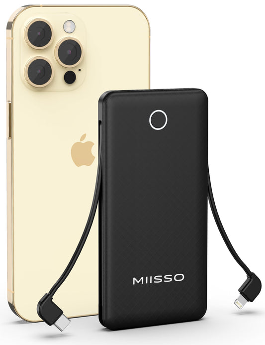 miisso 10000mAh Slim Portable Charger with Built in Cable, Power Bank Travel Charger External Battery Pack for Phone, 4 Output USB Type C Cord Clutch Charger Compatible with iPhone, Black