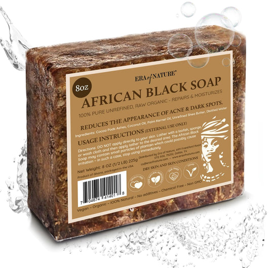 era of nature Best Raw ORGANIC AFRICAN BLACK SOAP, for Dry Skin and Skin Conditions. Pure & Natural Ingredients, Imported From Ghana - 8oz