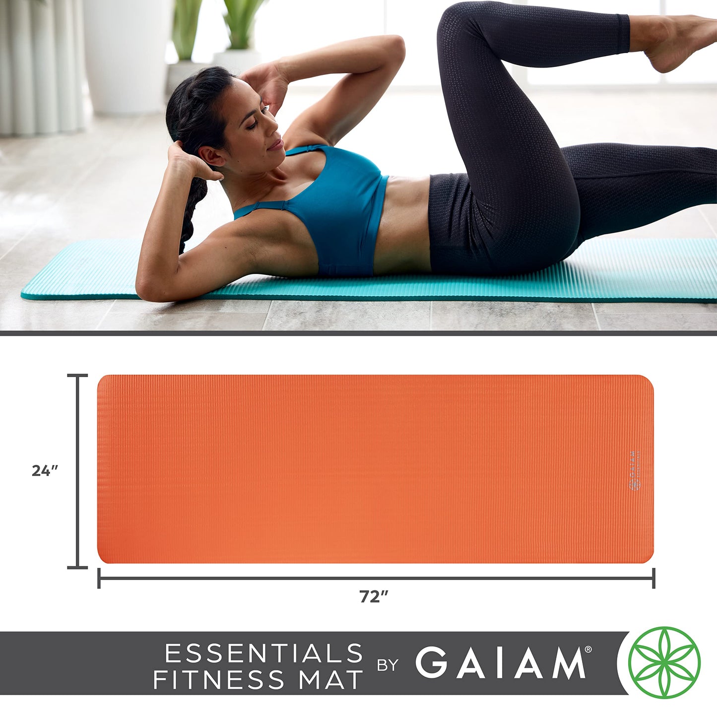 Esterilla de yoga gruesa Gaiam Essentials para ejercicios y fitness con correa de transporte fácil de ajustar, color verde azulado, 72" de largo x 24" de ancho x 2/5 de pulgada de grosor