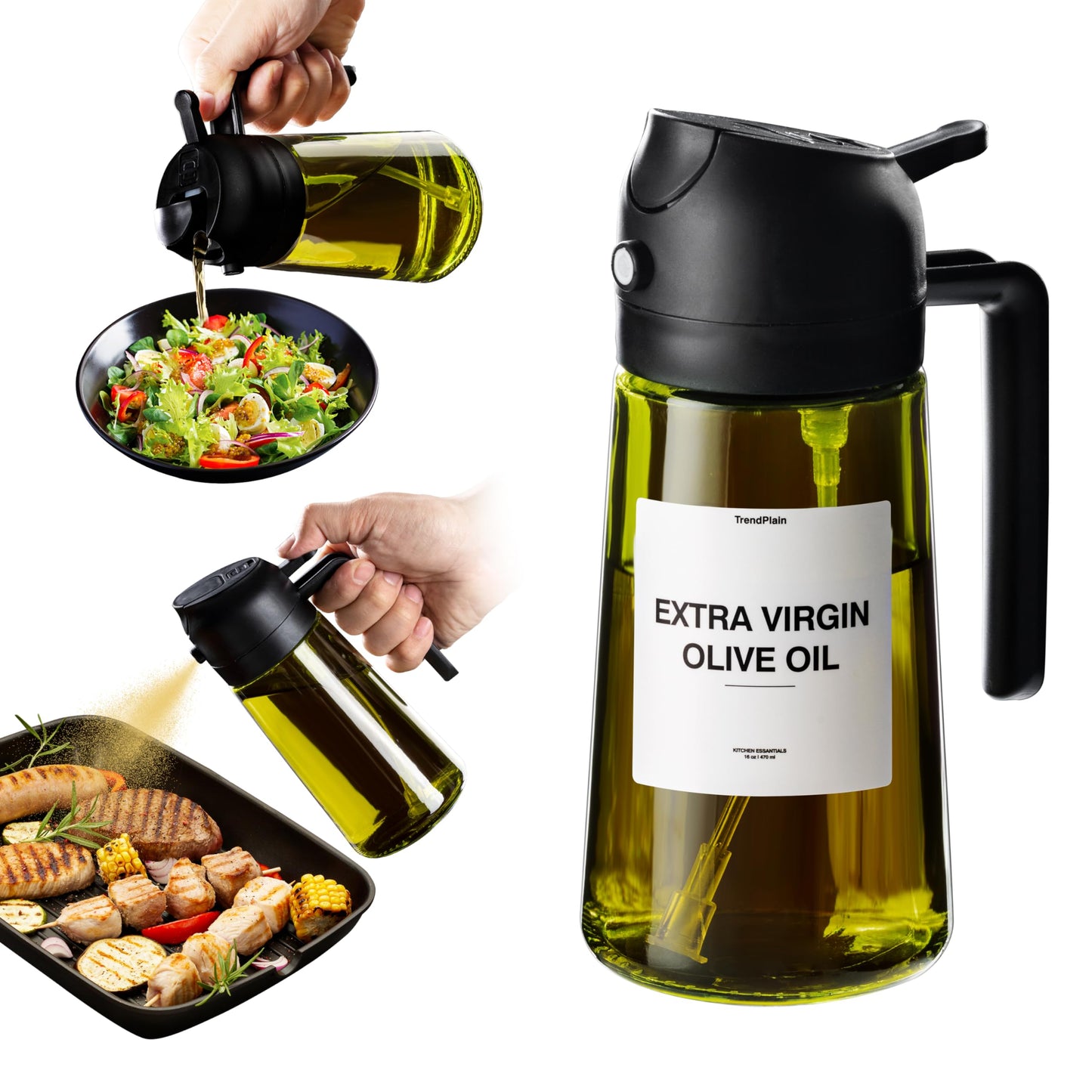 TrendPlain - Original 16oz/470ml Olive Oil Dispenser Bottle for Kitchen Gadgets and Air Fryer Accessories - Olive Oil Sprayer for Cooking w/Stickers (Light Blockage) - Black