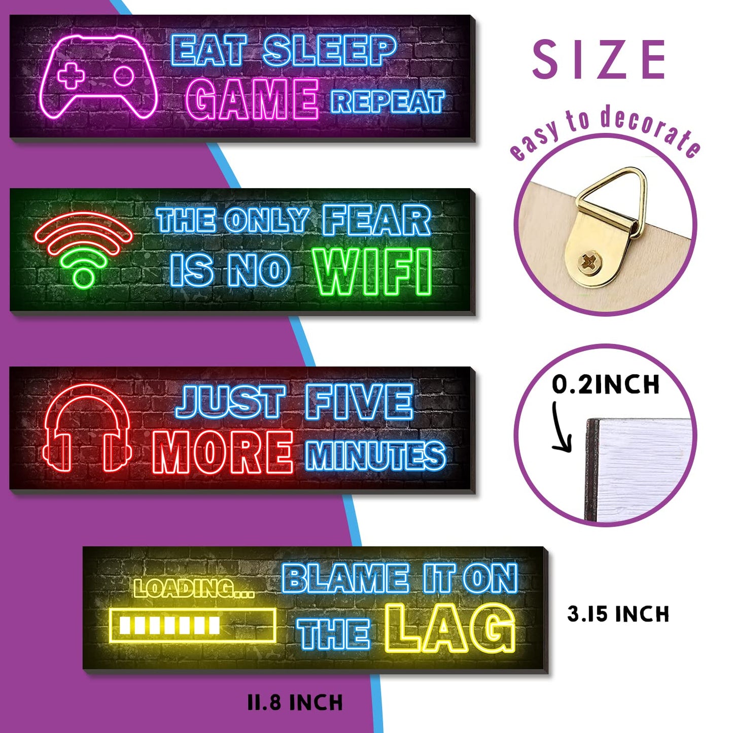 4 Pcs Printed Neon Gaming Posters, Teen Boys Room Decorations, gamer wall art Decor for bedroom Wooden